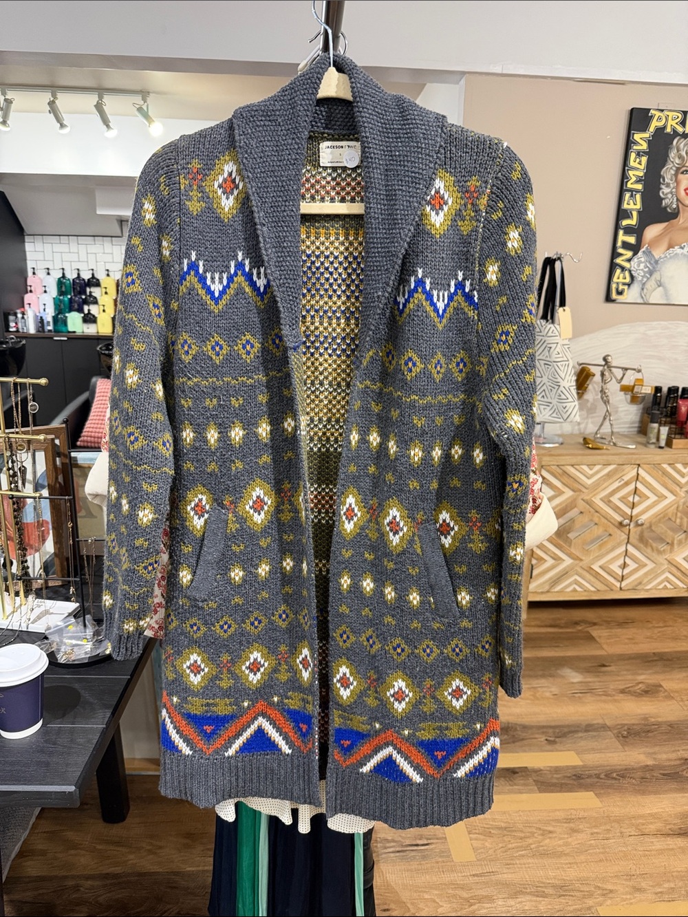 Jackson Rowe Gray Fair Isle Shawl-Collar Cardigan with Multicolor Accents